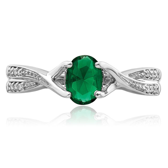 14K Solid White Gold Oval Green Emerald Diamond Ring Gemstone Band May Birthstone Jewelry