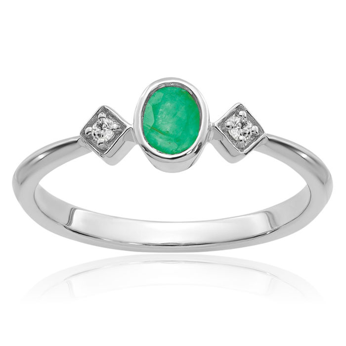 14K Solid White Gold Oval Green Emerald Diamond Ring Gemstone Band May Birthstone Jewelry