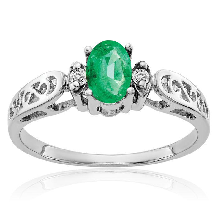 14K Solid White Gold Oval Green Emerald Diamond Ring Gemstone Band May Birthstone Jewelry