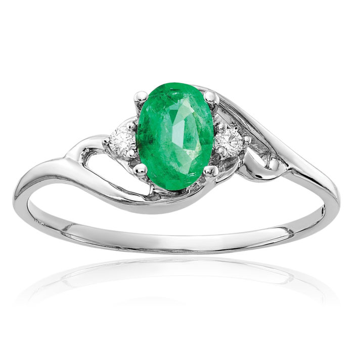 14K Solid White Gold Oval Green Emerald Diamond Ring Gemstone Band May Birthstone Jewelry