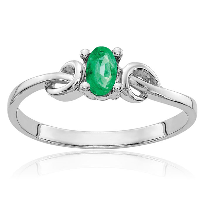 14K Solid White Gold Oval Green Emerald Ring Gemstone Band May Birthstone Jewelry