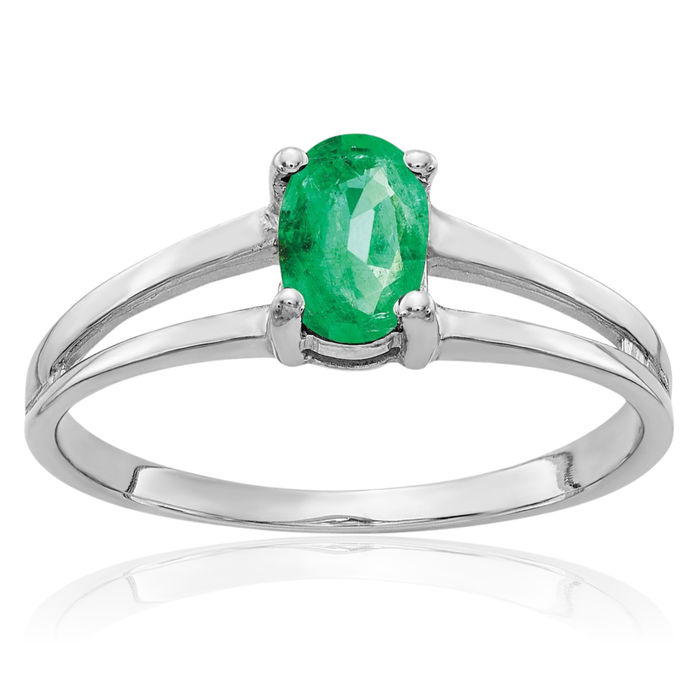 14K Solid White Gold Oval Green Emerald Ring Gemstone Band May Birthstone Jewelry