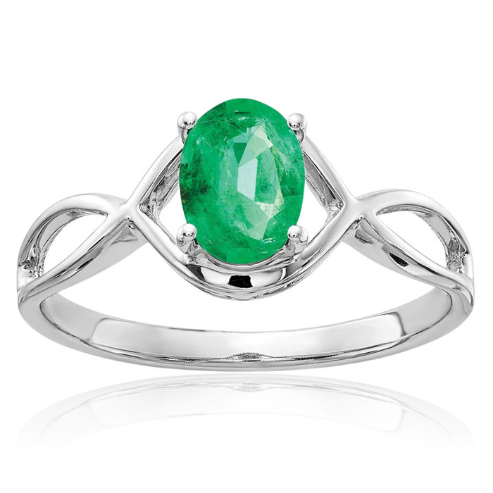 14K Solid White Gold Oval Green Emerald Ring Gemstone Band May Birthstone Jewelry