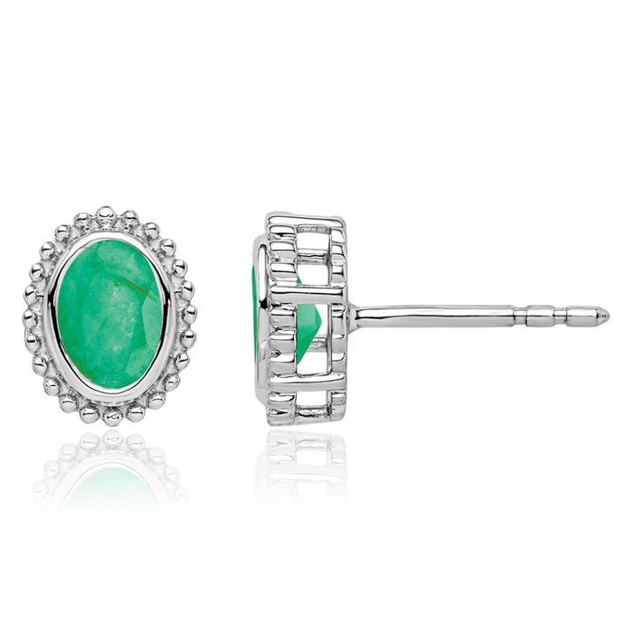 14K Solid White Gold Oval Green Emerald Stud Earrings May Birthstone Jewelry