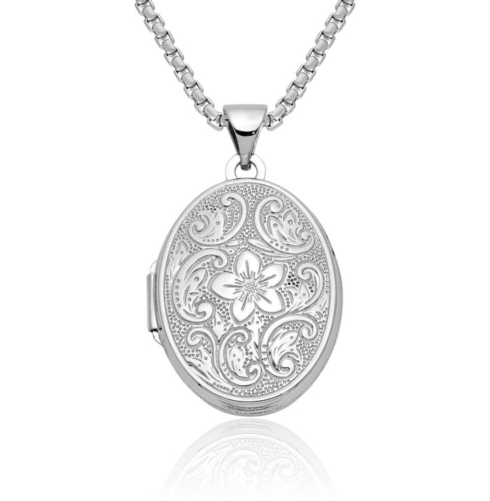 14K Solid White Gold Oval Flower Personalized Photo Locket Necklace Picture Pendant Charm