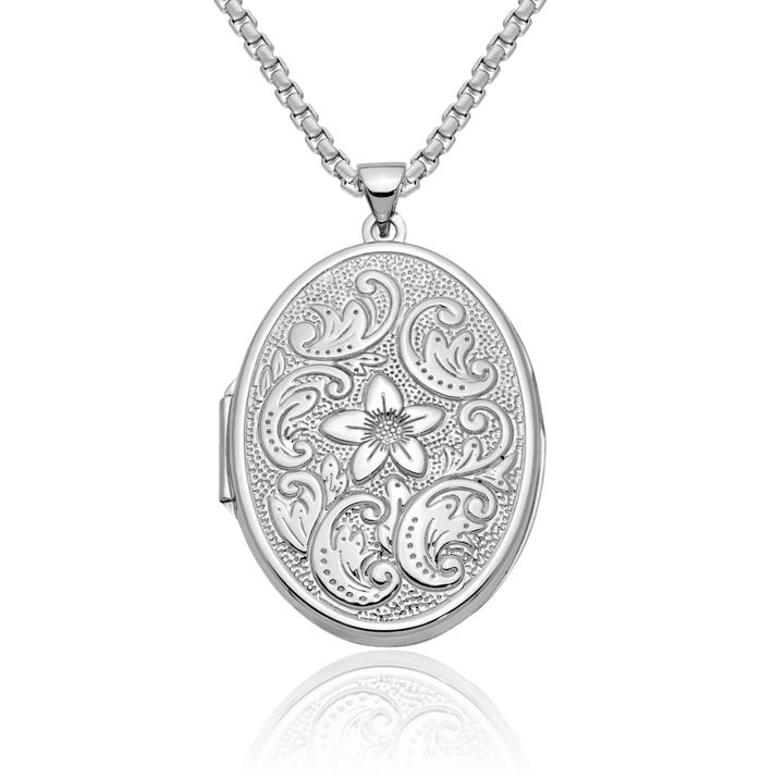 14K Solid White Gold Oval Flower Scrolls Personalized Photo Locket Necklace Picture Pendant Charm