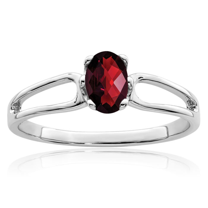 14K Solid White Gold Oval Red Garnet Checker Ring Gemstone Band January Birthstone Jewelry