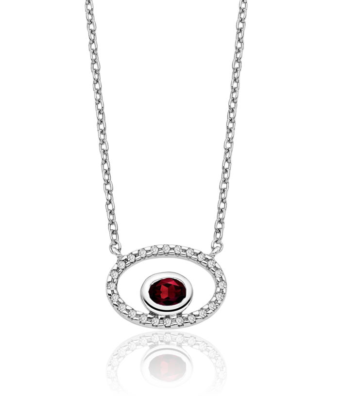 14K Solid White Gold Oval Red Garnet Diamond Geometric Necklace Chain Gemstone Pendant Charm