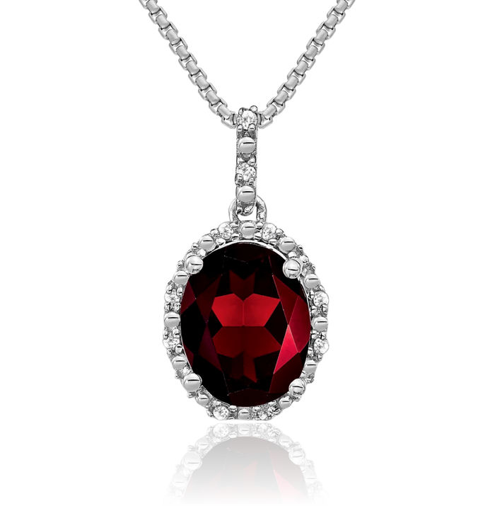 14K Solid White Gold Oval Red Garnet Diamond Halo Necklace Charm Gemstone Pendant