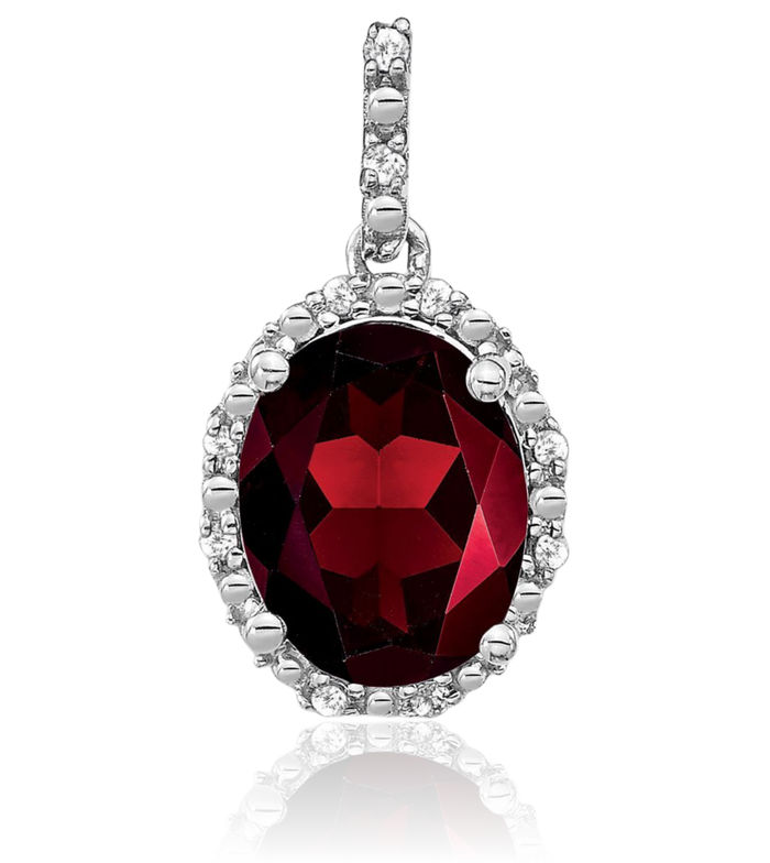 14K Solid White Gold Oval Red Garnet Diamond Halo Necklace Charm Gemstone Pendant