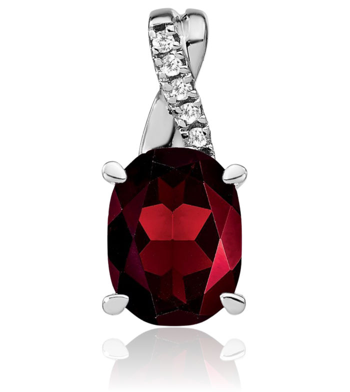 14K Solid White Gold Oval Red Garnet Diamond Necklace Charm Gemstone Pendant