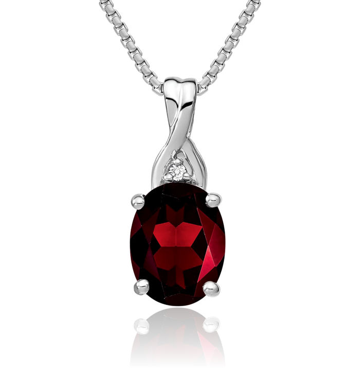 14K Solid White Gold Oval Red Garnet Diamond Necklace Charm Gemstone Pendant