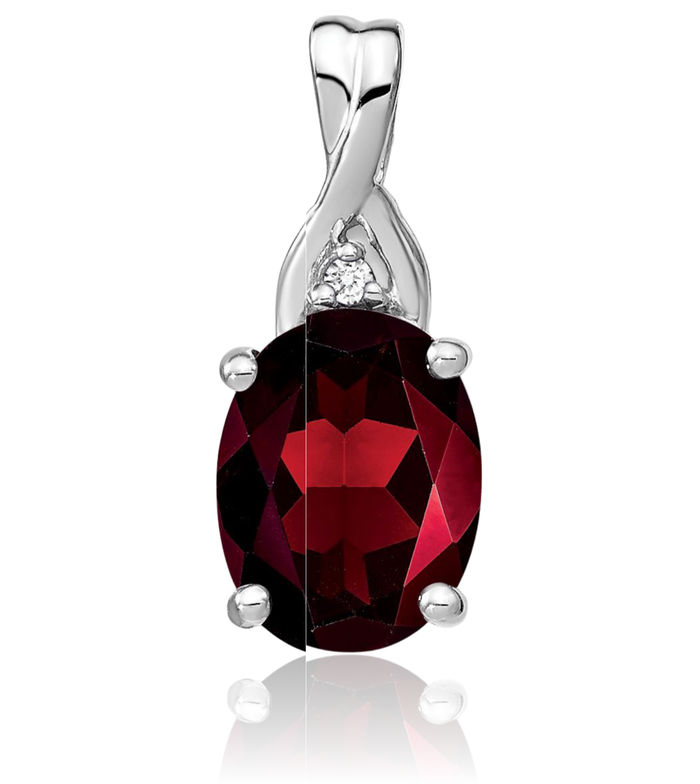 14K Solid White Gold Oval Red Garnet Diamond Necklace Charm Gemstone Pendant