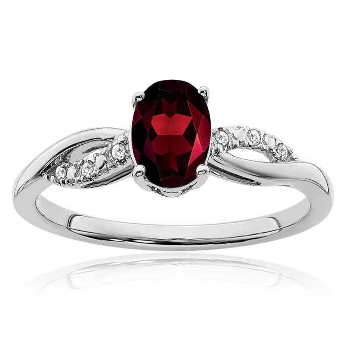 14K Solid White Gold Oval Red Garnet Diamond Ring Gemstone Band January Birthstone Jewelry
