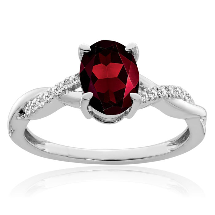 14K Solid White Gold Oval Red Garnet Diamond Ring Gemstone Band January Birthstone Jewelry