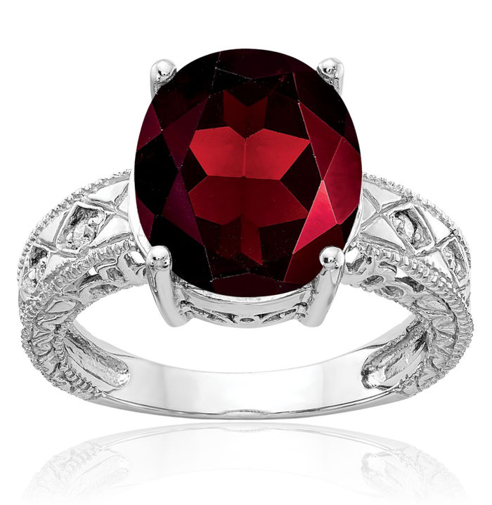 14K Solid White Gold Oval Red Garnet Diamond Ring Gemstone Band January Birthstone Jewelry