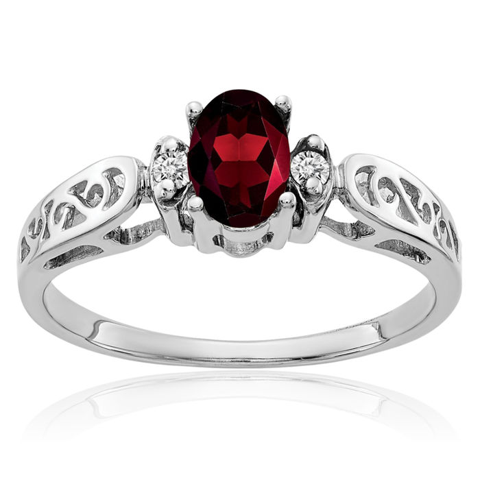 14K Solid White Gold Oval Red Garnet Diamond Ring Gemstone Band January Birthstone Jewelry