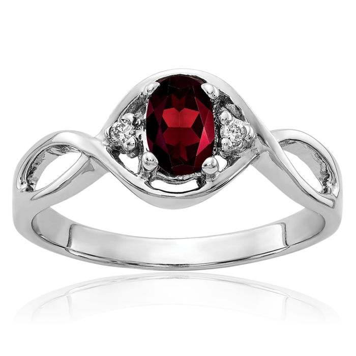 14K Solid White Gold Oval Red Garnet Diamond Ring Gemstone Band January Birthstone Jewelry