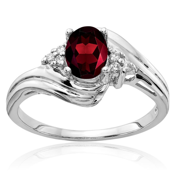 14K Solid White Gold Oval Red Garnet Diamond Ring Gemstone Band January Birthstone Jewelry
