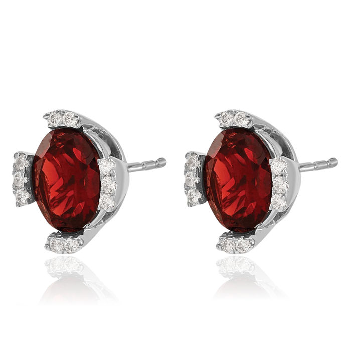 14K Solid White Gold Oval Red Garnet Diamond Stud Earrings January Birthstone Jewelry