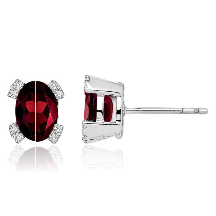 14K Solid White Gold Oval Red Garnet Diamond Stud Earrings January Birthstone Jewelry