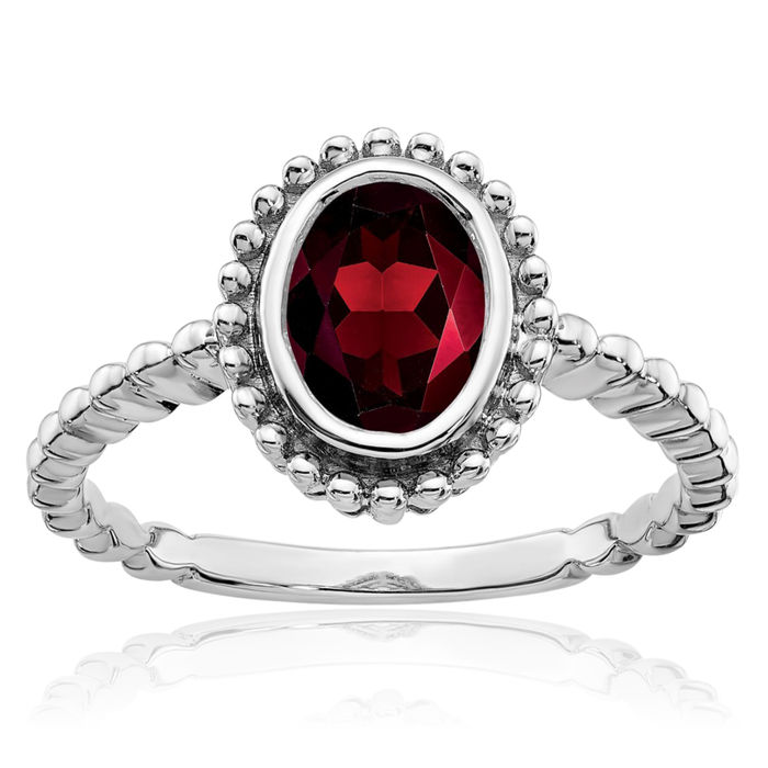 10K Solid White Gold Oval Red Garnet Ring Gemstone Band