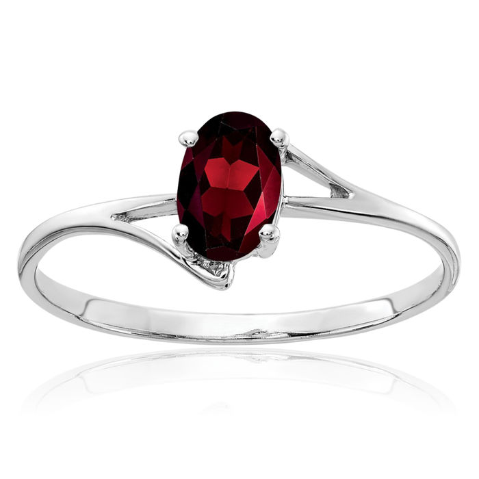 14K Solid White Gold Oval Red Garnet Ring Gemstone Band January Birthstone Jewelry