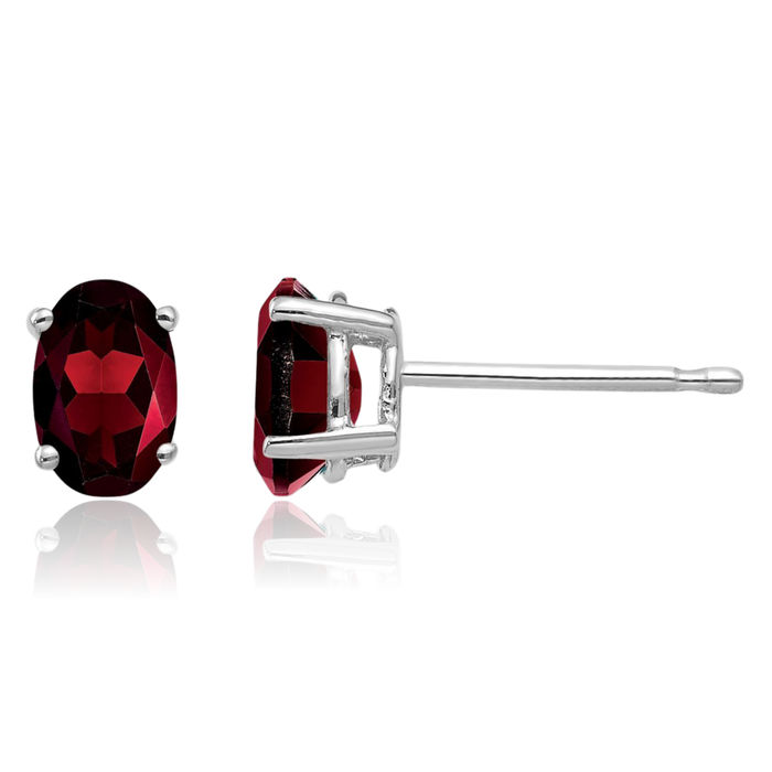 14K Solid White Gold Oval Red Garnet Studs Gemstone Solitaire Earrings January Birthstone Jewelry