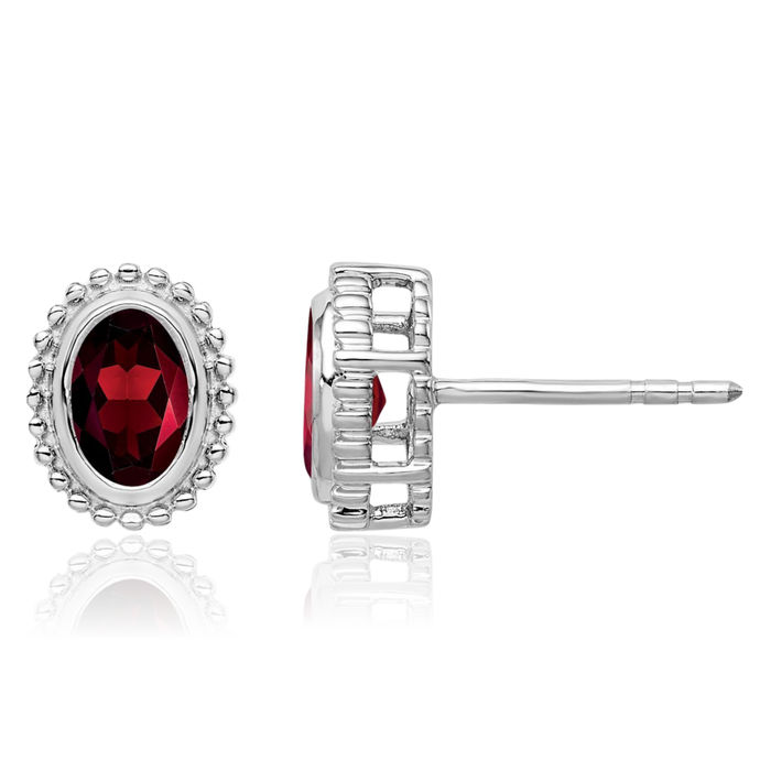 14K Solid White Gold Oval Red Garnet Stud Earrings January Birthstone Jewelry