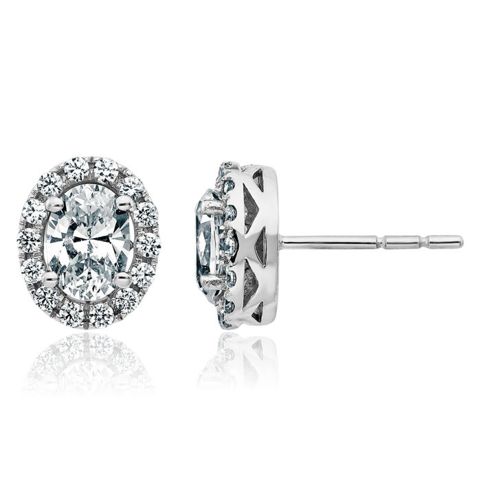 14K Solid White Gold Oval Halo Moissanite Stud Earrings