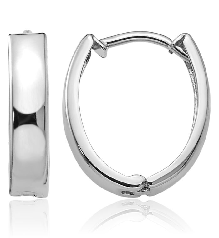 14K Solid White Gold Oval Huggie Small Hoop Earrings