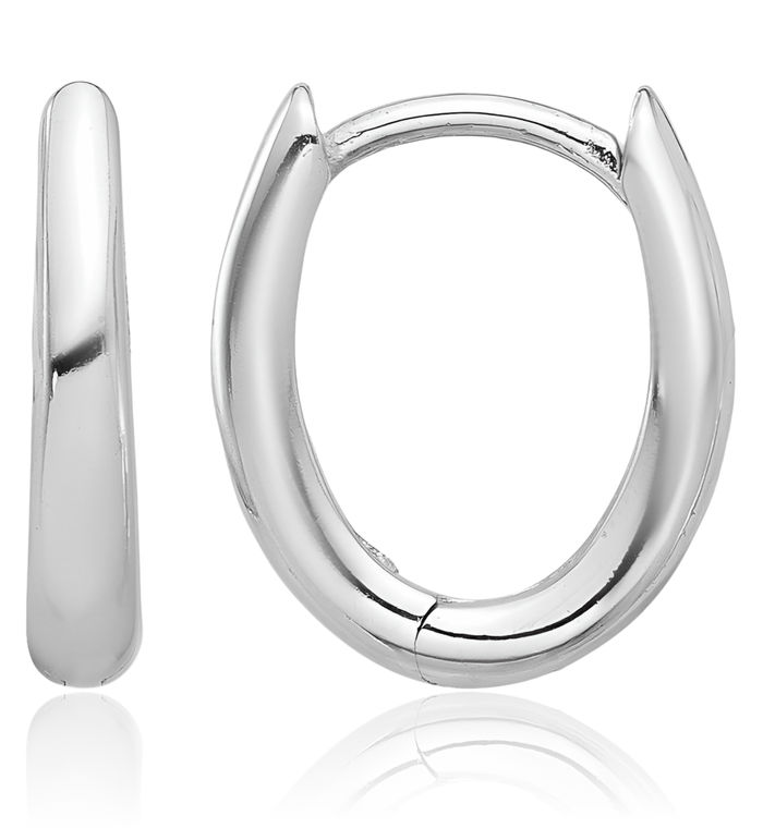 14K Solid White Gold Oval Huggie Small Hoop Earrings