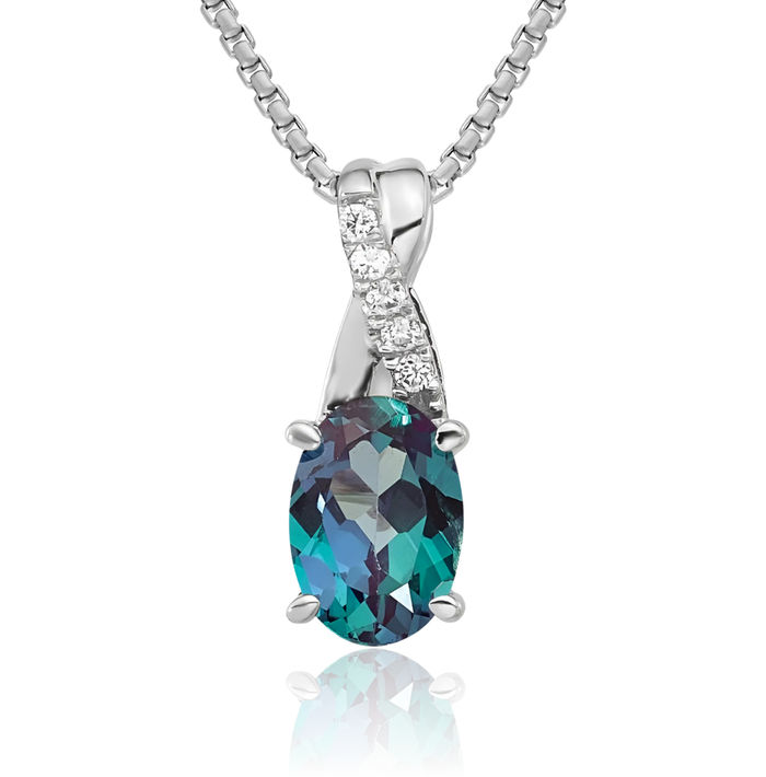 14K Solid White Gold Oval Lab Alexandrite Diamond Necklace Gemstone Pendant Charm April June Birthstone Jewelry