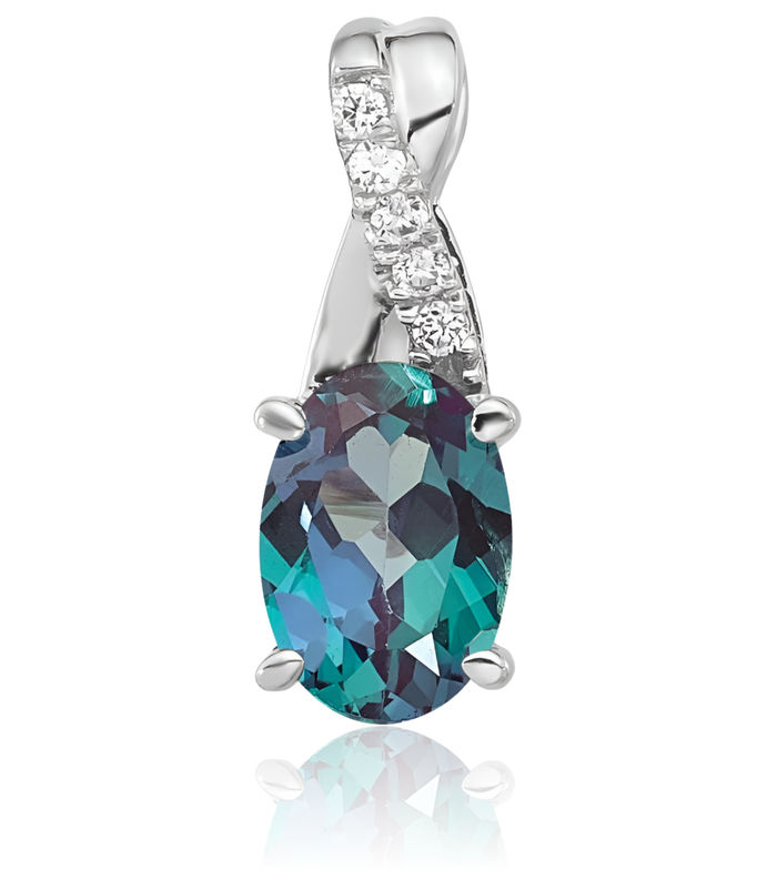 14K Solid White Gold Oval Lab Alexandrite Diamond Necklace Gemstone Pendant Charm April June Birthstone Jewelry
