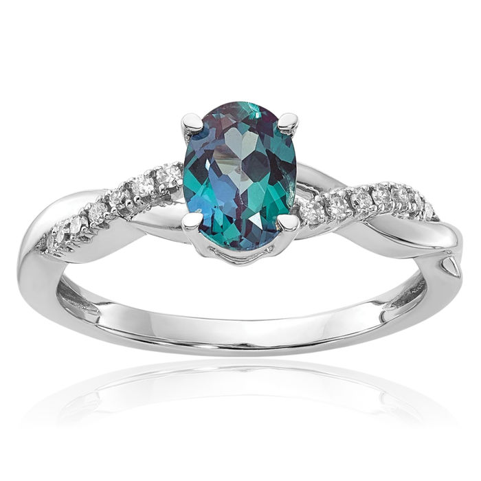 14K Solid White Gold Oval Lab Alexandrite Diamond Ring June Birthstone Jewelry