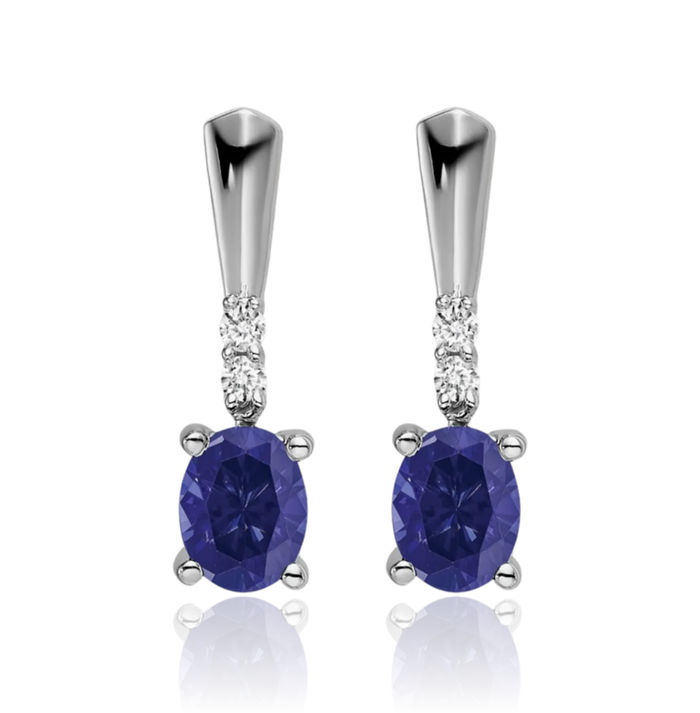 14K Solid White Gold Oval Lab Blue Sapphire Diamond Drop Dangle Earrings September Birthstone Jewelry