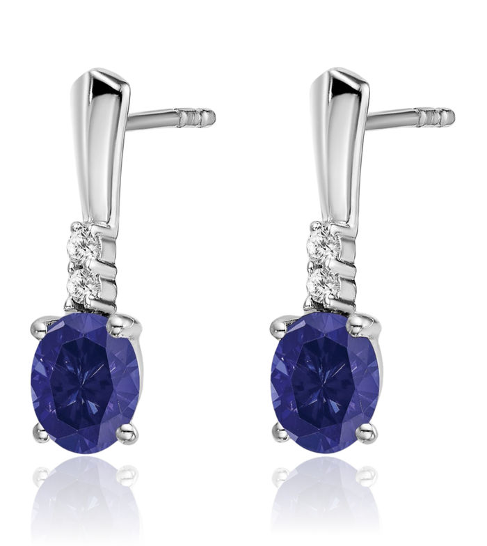 14K Solid White Gold Oval Lab Blue Sapphire Diamond Drop Dangle Earrings September Birthstone Jewelry