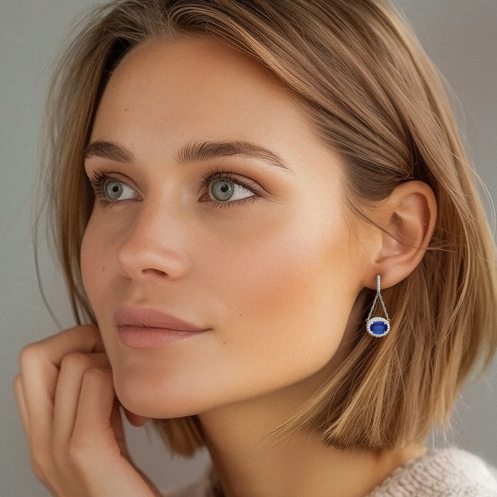 14K Solid White Gold Oval Lab Blue Sapphire Diamond Drop Dangle Earrings Gemstone Post Push Back September Birthstone Jewelry