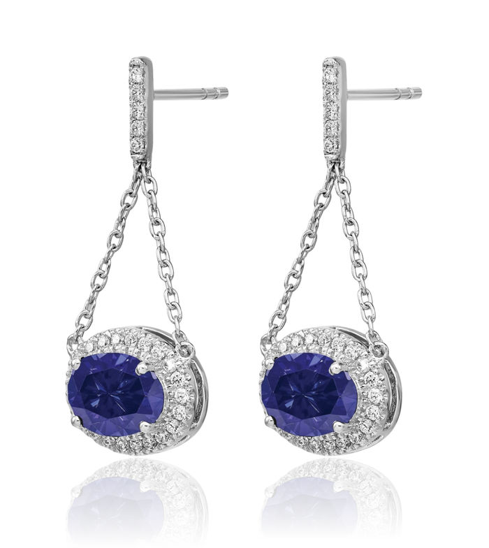 14K Solid White Gold Oval Lab Blue Sapphire Diamond Drop Dangle Earrings Gemstone Post Push Back September Birthstone Jewelry