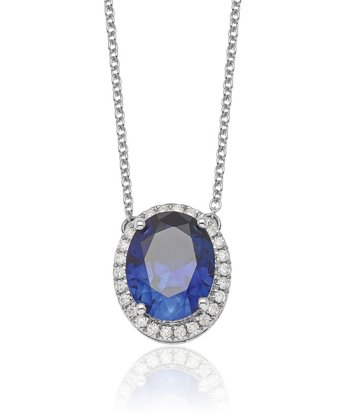 14K Solid White Gold Oval Lab Blue Sapphire Diamond Halo Chain Necklace Gemstone Pendant Charm