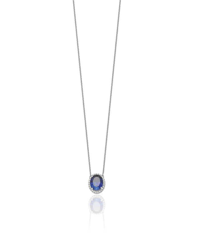 14K Solid White Gold Oval Lab Blue Sapphire Diamond Halo Chain Necklace Gemstone Pendant Charm