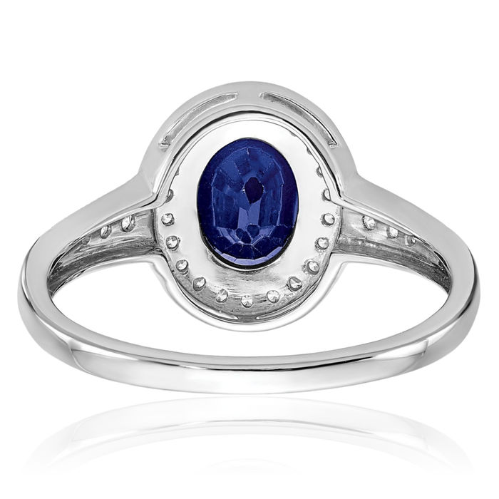 14K Solid White Gold Oval Lab Blue Sapphire Diamond Halo Ring September Birthstone Jewelry