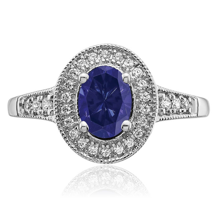 14K Solid White Gold Oval Lab Blue Sapphire Diamond Halo Ring September Birthstone Jewelry