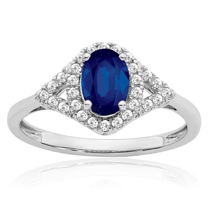 14K Solid White Gold Oval Lab Blue Sapphire Diamond Ring September Birthstone Jewelry