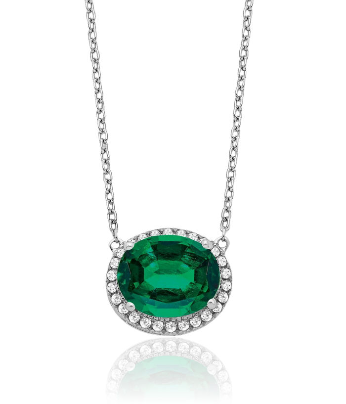 14K Solid White Gold Oval Lab Green Emerald Diamond Halo Chain Necklace Gemstone Pendant Charm