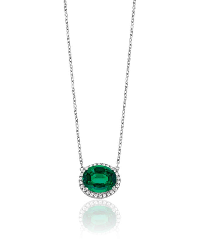 14K Solid White Gold Oval Lab Green Emerald Diamond Halo Chain Necklace Gemstone Pendant Charm