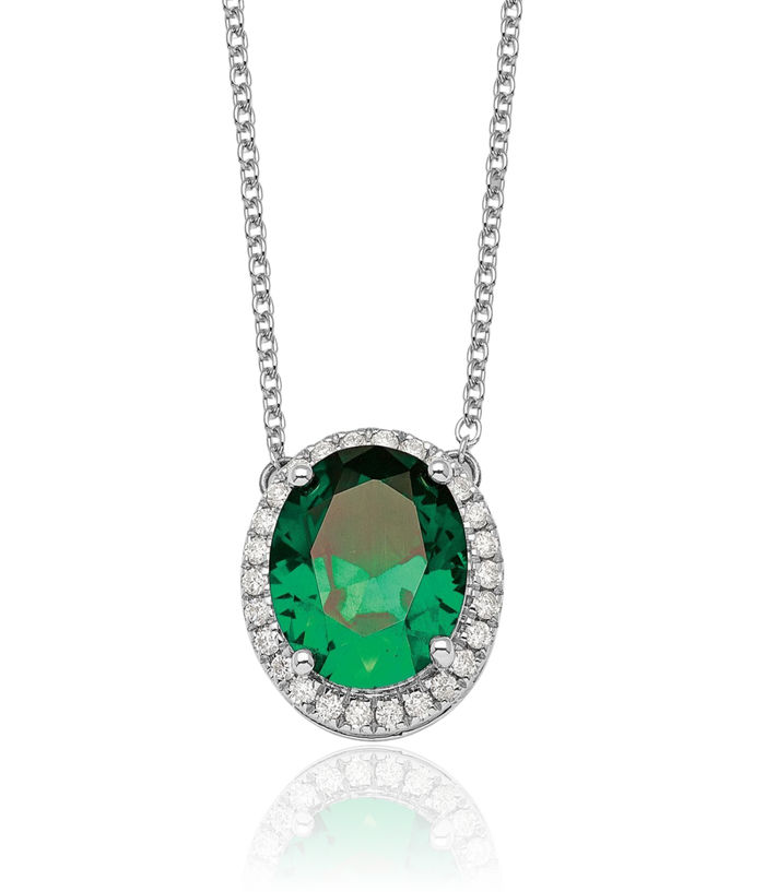 14K Solid White Gold Oval Lab Green Emerald Diamond Halo Chain Necklace Gemstone Pendant Charm