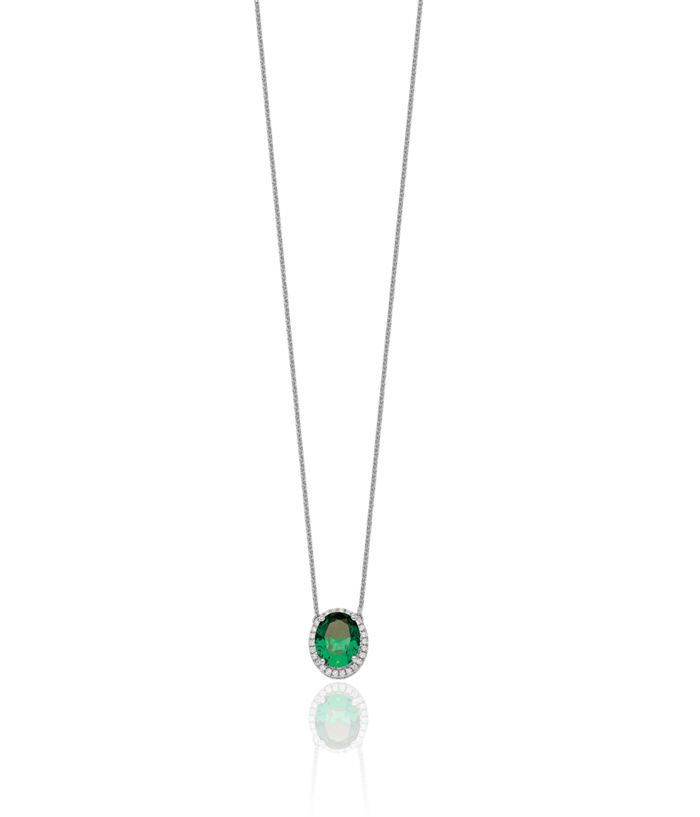 14K Solid White Gold Oval Lab Green Emerald Diamond Halo Chain Necklace Gemstone Pendant Charm