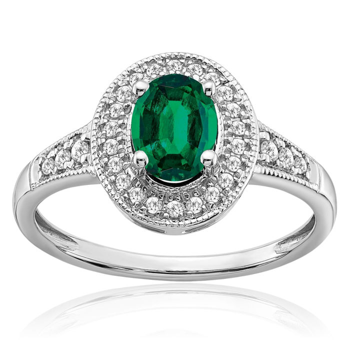 14K Solid White Gold Oval Lab Green Emerald Diamond Halo Ring May Birthstone Jewelry