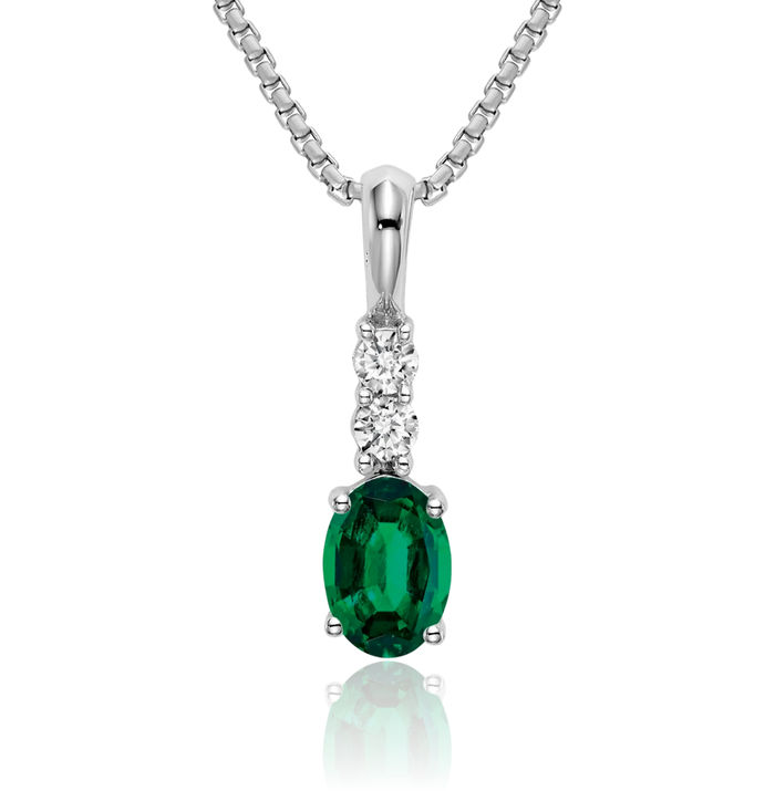 14K Solid White Gold Oval Lab Green Emerald Diamond Necklace Charm Gemstone Pendant May Birthstone Jewelry